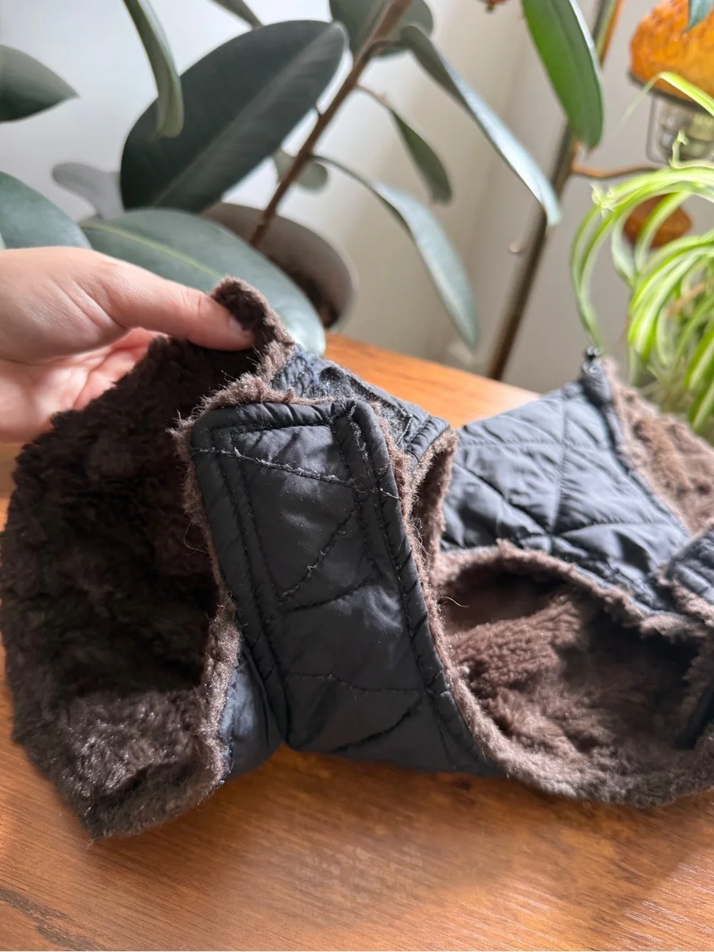 Quilted Faux-Fur Lined Pet Coat - Black and Brown size M